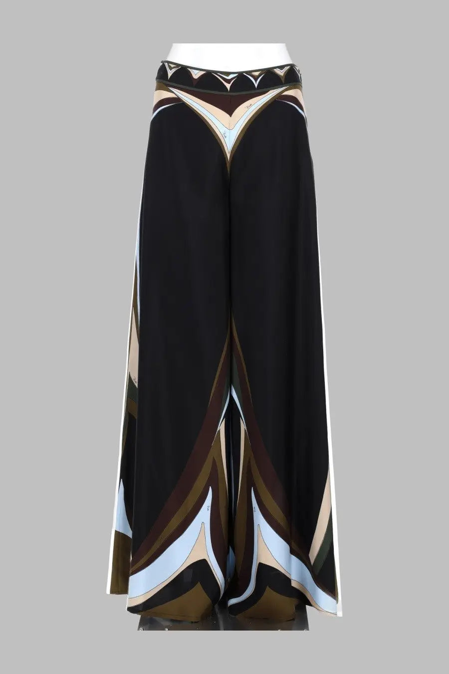 Pucci women’s pantalone palazzo wide-leg pants in black silk with bold beige brown and light blue geometric pattern