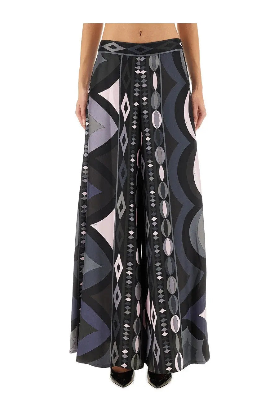 Pucci women’s pants black wide-leg with bold black and gray geometric diamond circle and wavy line pattern