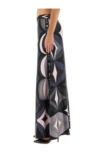 Pucci women’s pants black flowing wide-leg maxi skirt with bold geometric print in black gray navy and soft pink