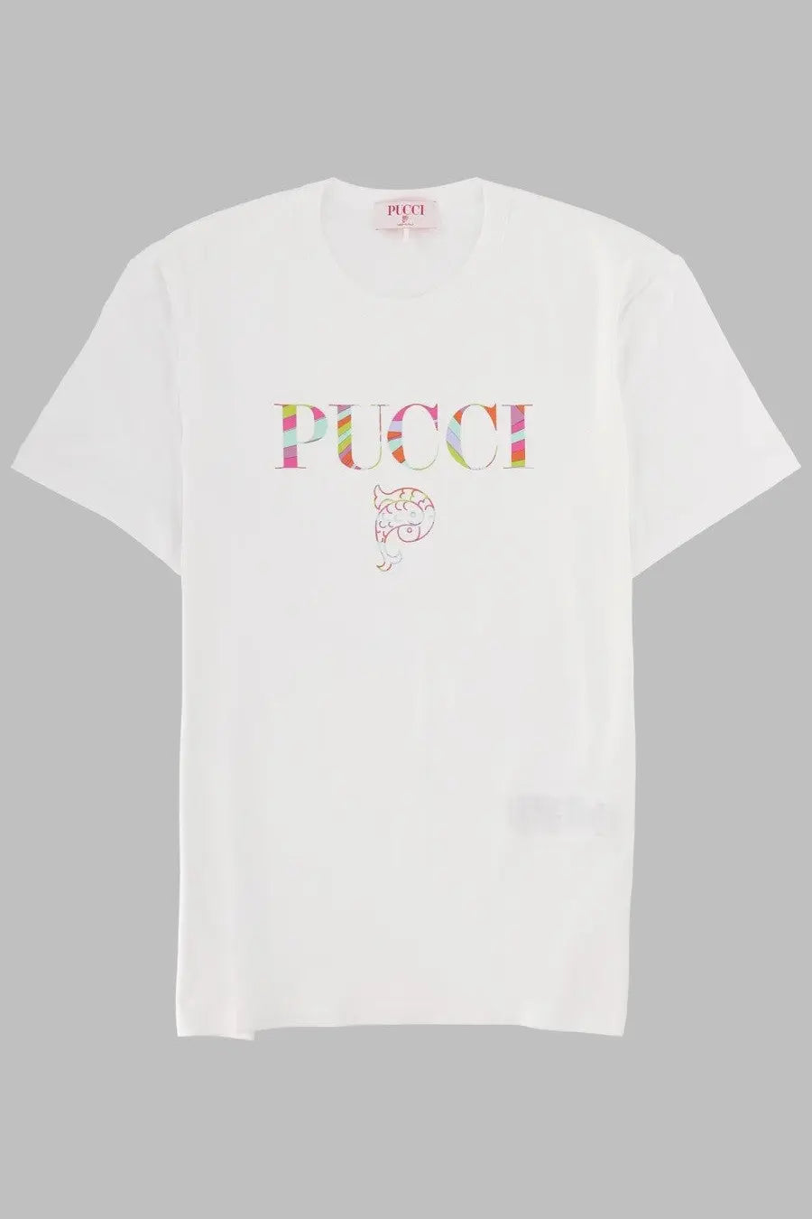 White Pucci women’s cotton t-shirt with colorful rainbow-striped Pucci logo and embroidered fish design on front
