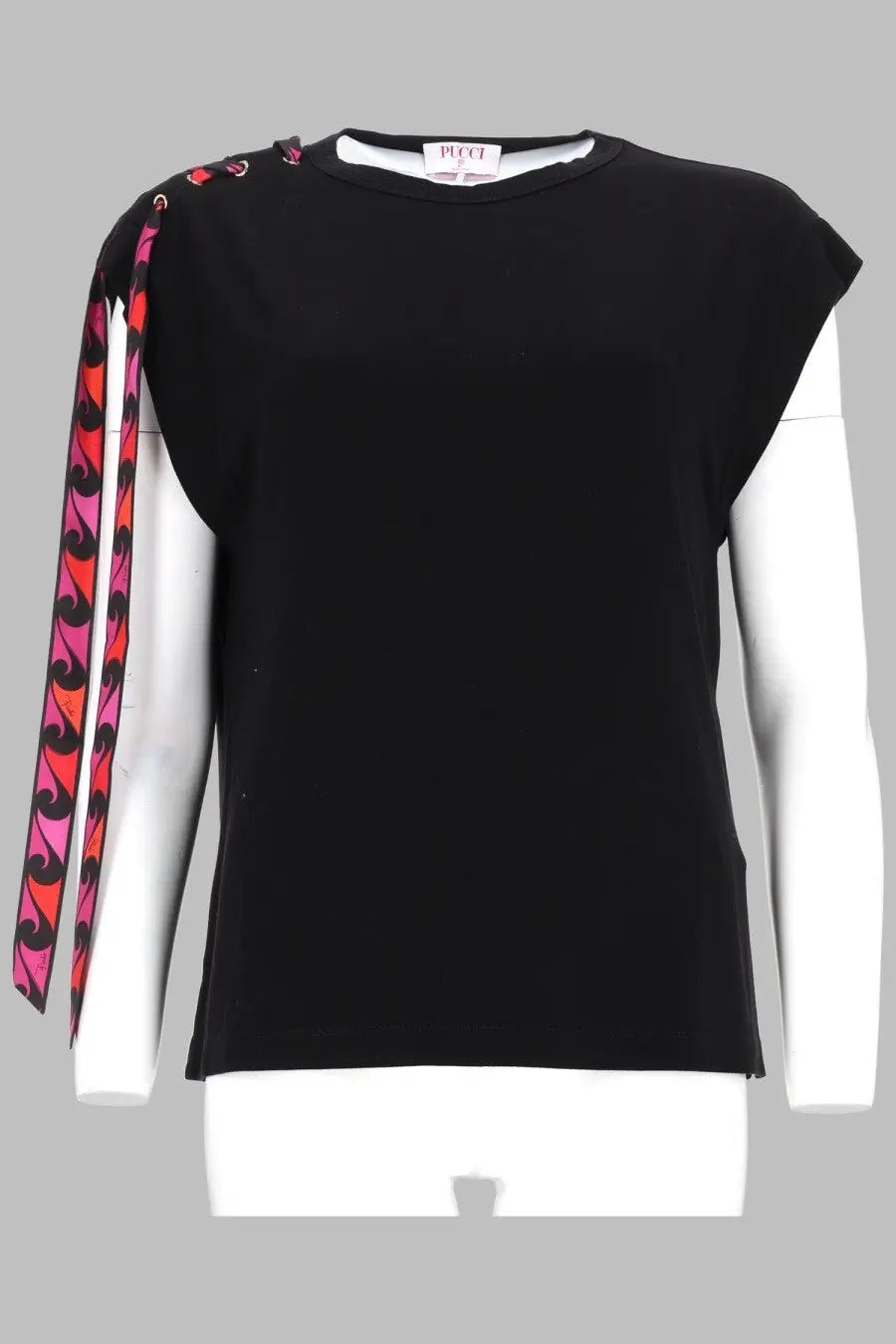 Pucci women’s black sleeveless top with vibrant pink and orange patterned ribbon tied across the shoulder