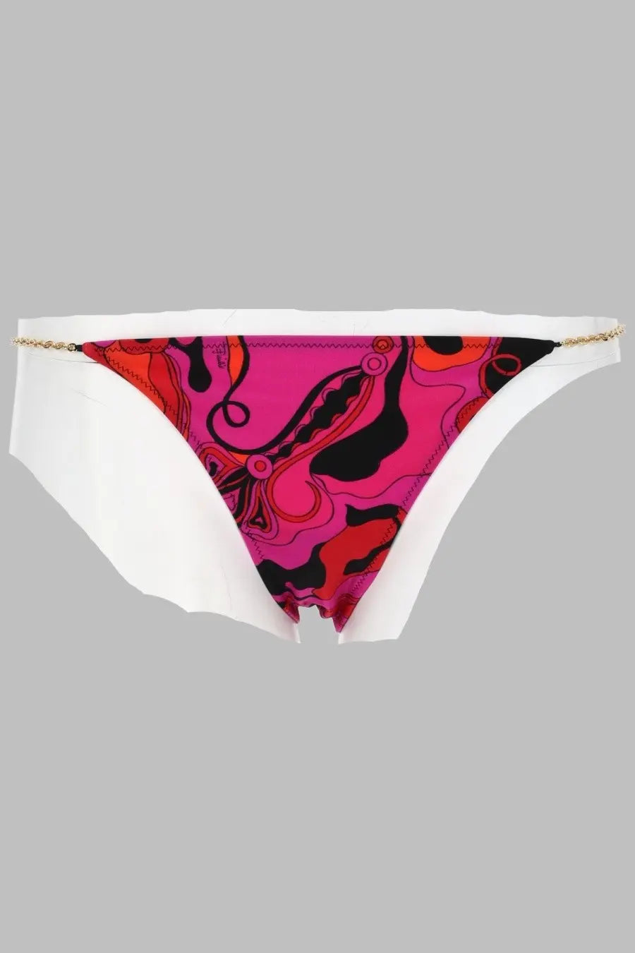 Pucci women’s slip bikini bottom in vibrant pink and black paisley pattern with white side panels and gold chain trim