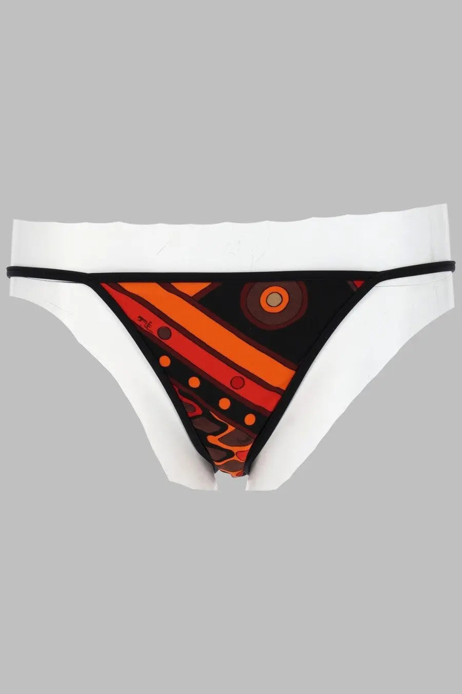 White thong bikini bottom by pucci with bold black orange and red geometric circular pattern vivara orange design