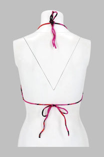 Pucci women’s pink and black patterned halter top bikini with v-shaped back tie shown from the back side