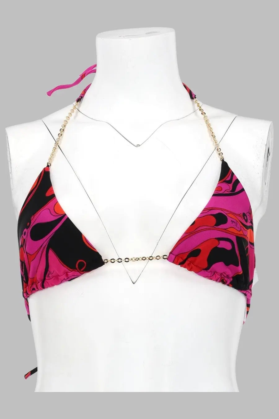 Pucci women’s vibrant pink black and red abstract halter top bikini with gold chain straps