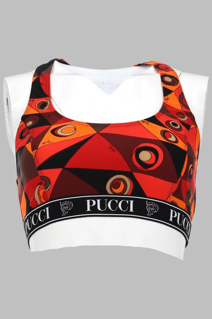 Pucci women’s orange crop top bra with vibrant red and black geometric patterns and white hem band