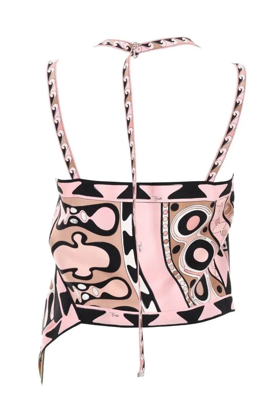 Pucci women’s multicolor halter top with pink black and beige abstract pattern and thin straps with decorative border