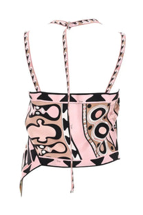 Pucci women’s multicolor halter top with pink black and beige abstract pattern and thin straps with decorative border