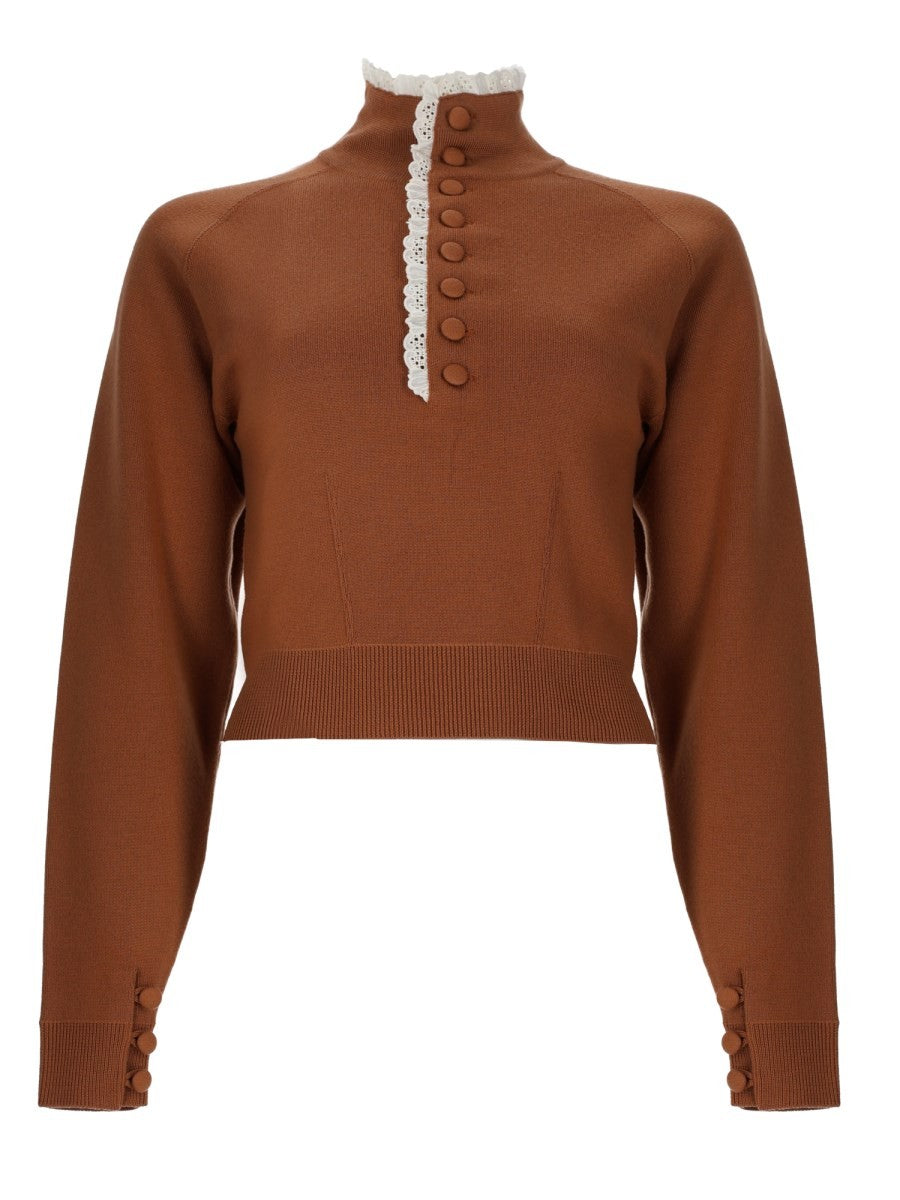 Chloé Women's Knit Wool Lace Pullover Collar High Brown