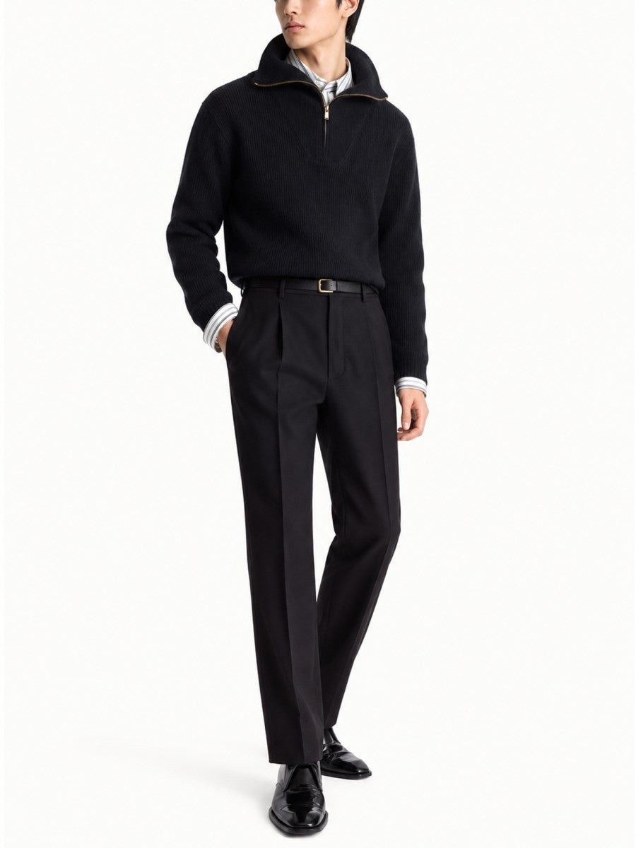 Saint Laurent Men's Pullover with Mezza Zip in Wool Ribbed Black, view 2