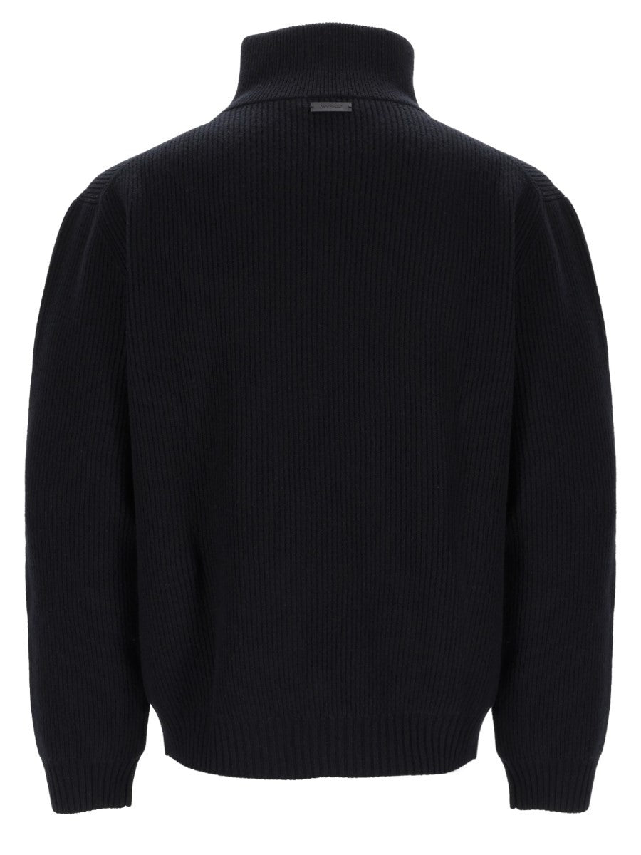 Saint Laurent Men's Pullover with Mezza Zip in Wool Ribbed Black, view 3