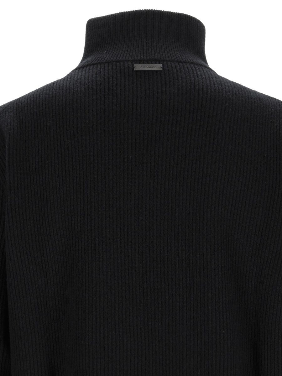 Saint Laurent Men's Pullover with Mezza Zip in Wool Ribbed Black, view 4