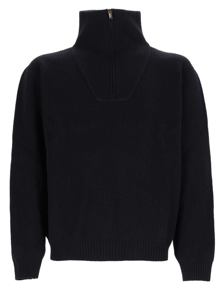 Saint Laurent Men's Pullover with Mezza Zip in Wool Ribbed Black