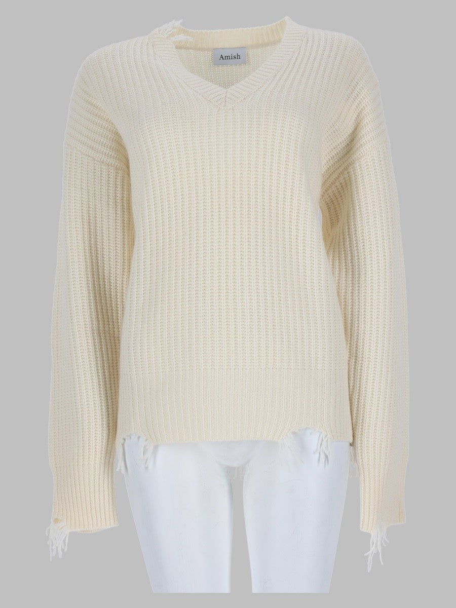 Amish Supplies Women's Pullover Distressed Con Scollo White