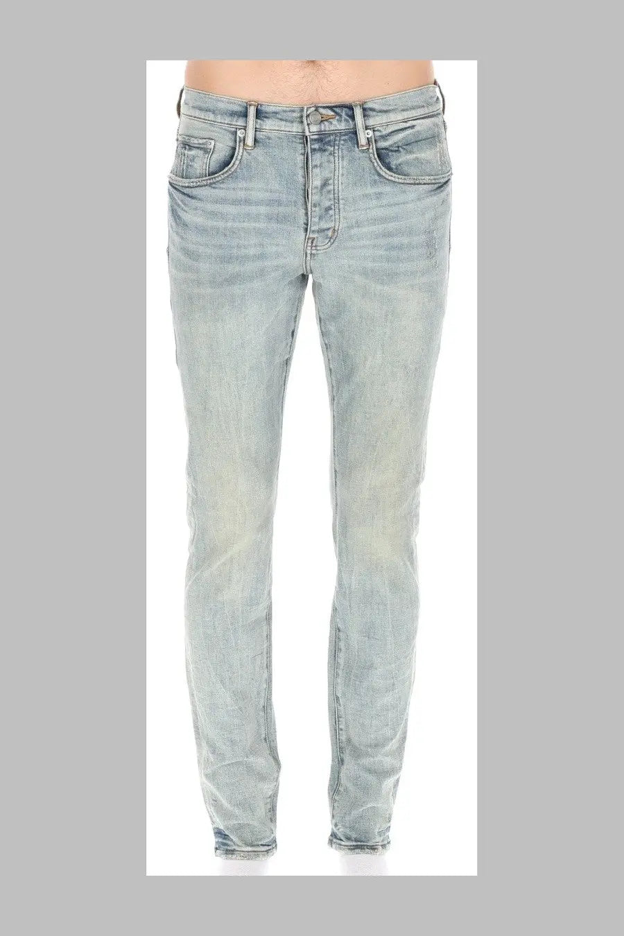 Purple brand men’s light-wash denim jeans with slim fit and subtle fading in skinny fade down blue style