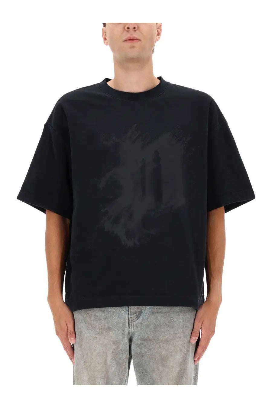 Purple Brand men’s oversized black t-shirt with faded abstract graphic print on front in dust black color