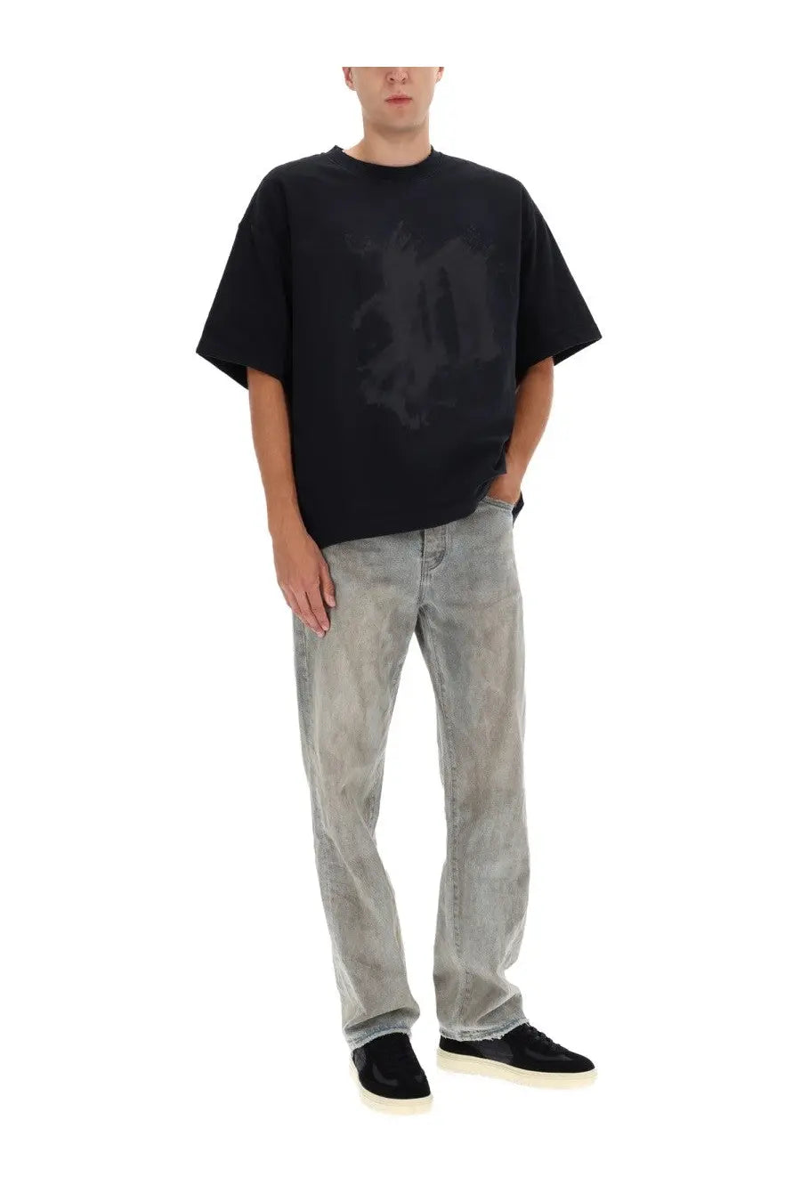 Black oversized t-shirt by purple brand featuring a faded abstract graphic print in dust black color