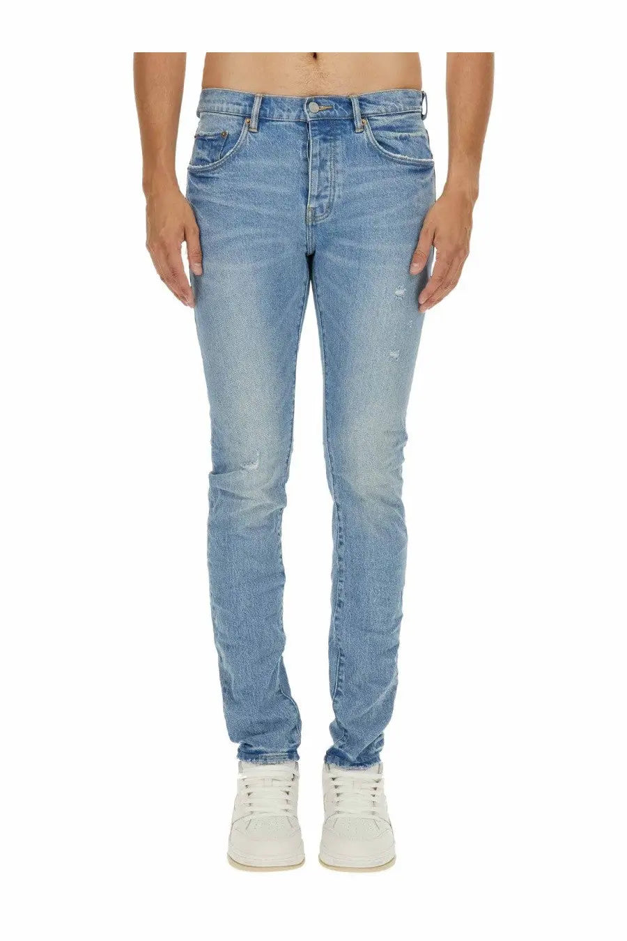 Light-wash denim slim fit jeans with subtle distressing from purple brand mens vintage abrasions blue collection