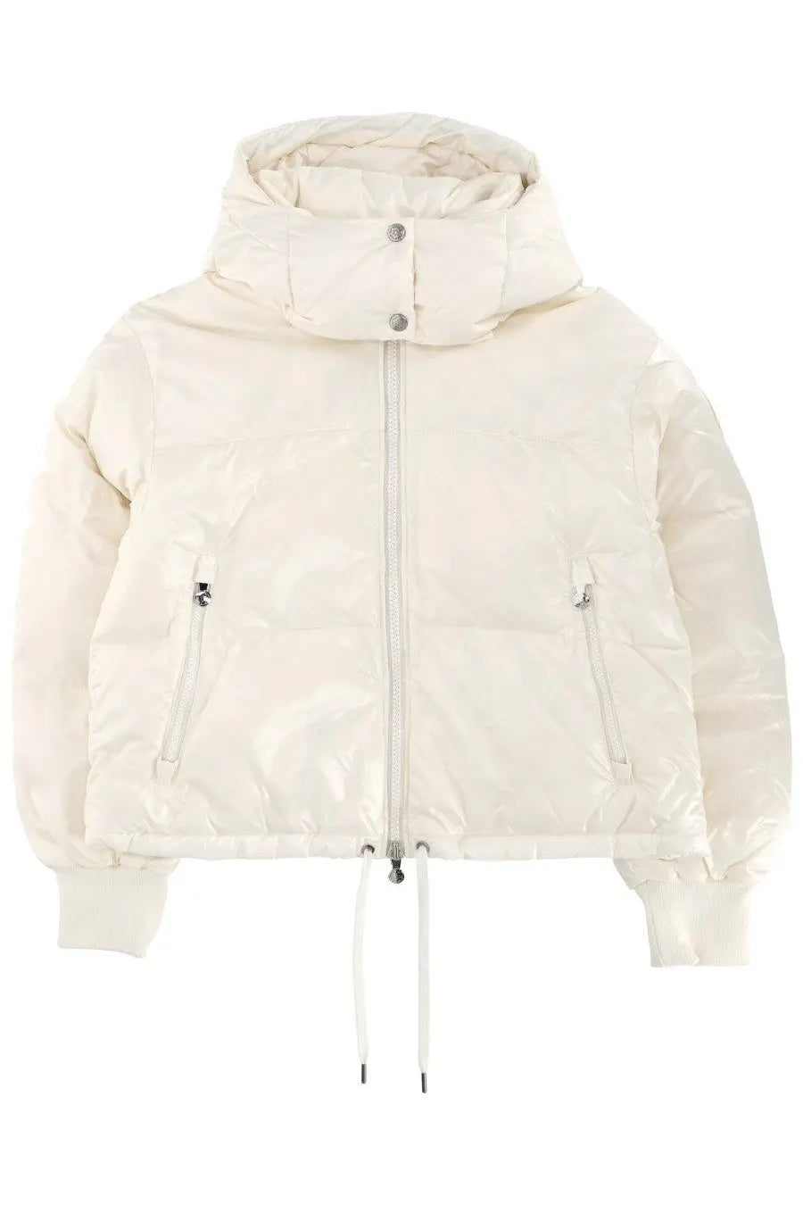 Cream-colored Pyrenex unisex down puffer jacket with hood, front zipper closure, and drawstring waist in Altic White