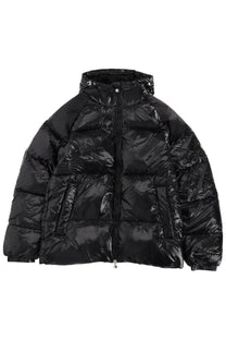 Black glossy pyrenex unisex down jacket sten with hood and quilted design for cold weather use