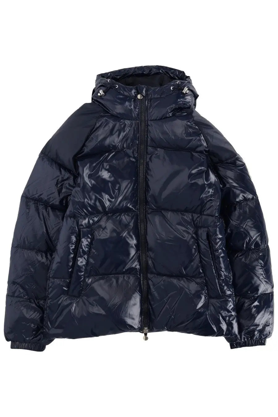 Dark blue glossy Pyrenex unisex down puffer jacket with hood and front zipper for cold weather use