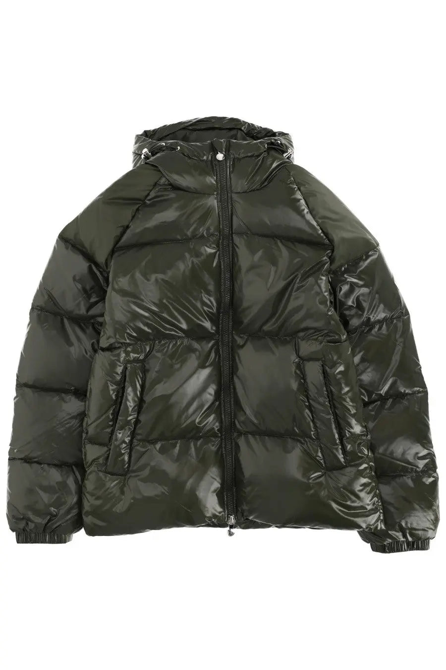 Pyrenex unisex down jacket sten green shiny olive green puffer with hood and front zipper for cold weather