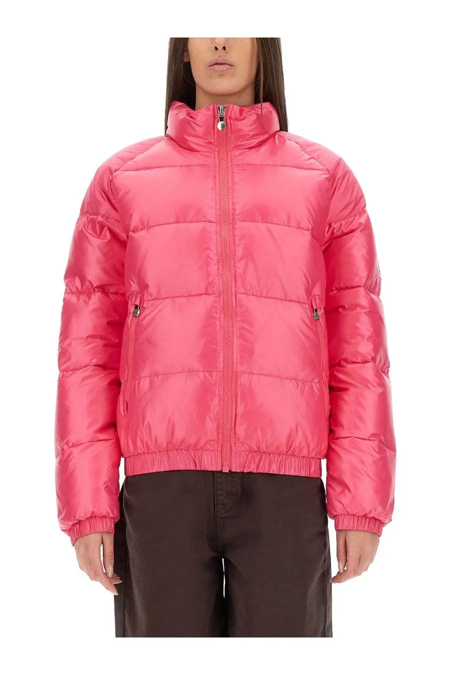 Vibrant pink quilted puffer jacket with high collar and elastic cuffs from Pyrenex unisex down jacket vintage mythic blue collection