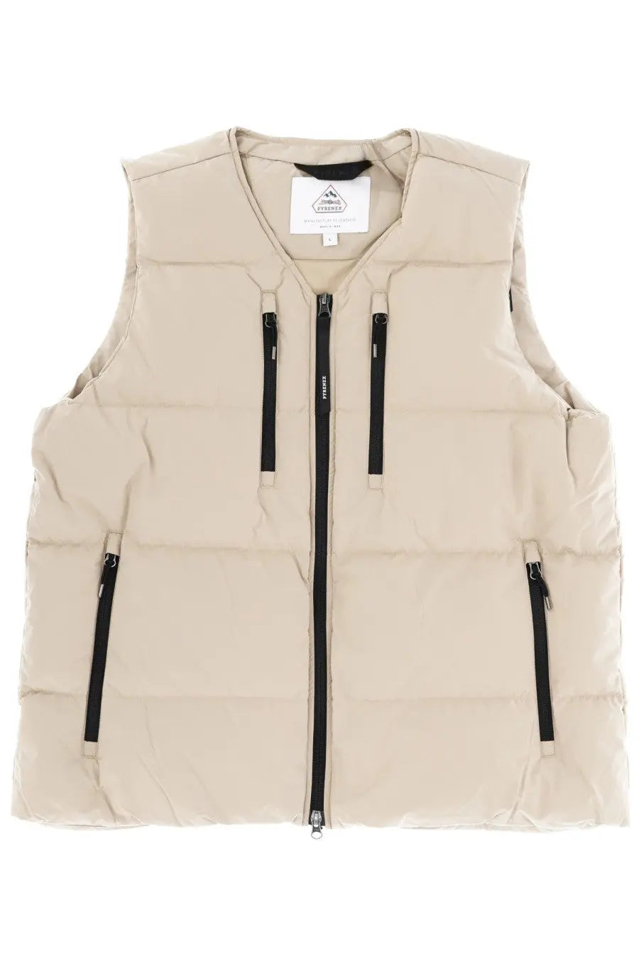 Beige Pyrenex unisex solace puffer vest with black and central front zippers