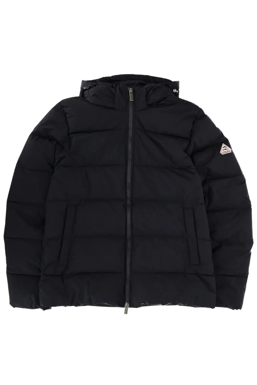 Black quilted puffer jacket with hood and front zipper featuring a small triangular logo patch on left sleeve