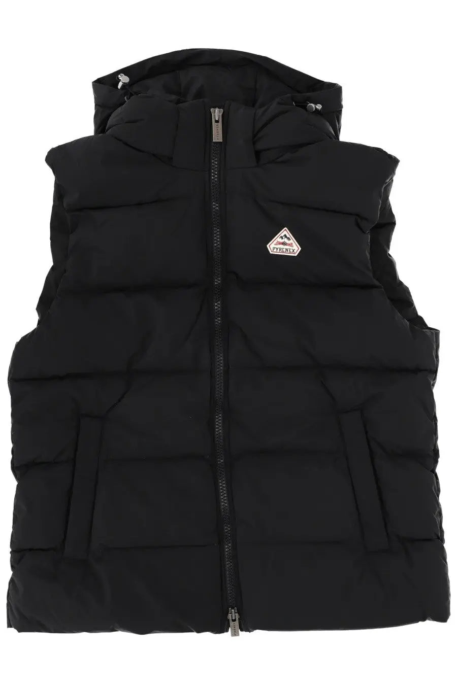 Pyrenex unisex spoutnic black puffer vest with hood quilted design and small triangular logo patch on chest