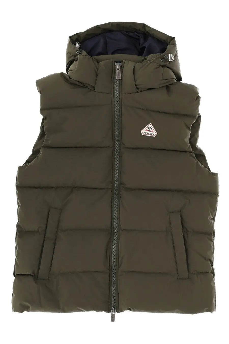Pyrenex unisex spoutnic vest green olive quilted puffer with hood front zipper and triangular logo patch on chest