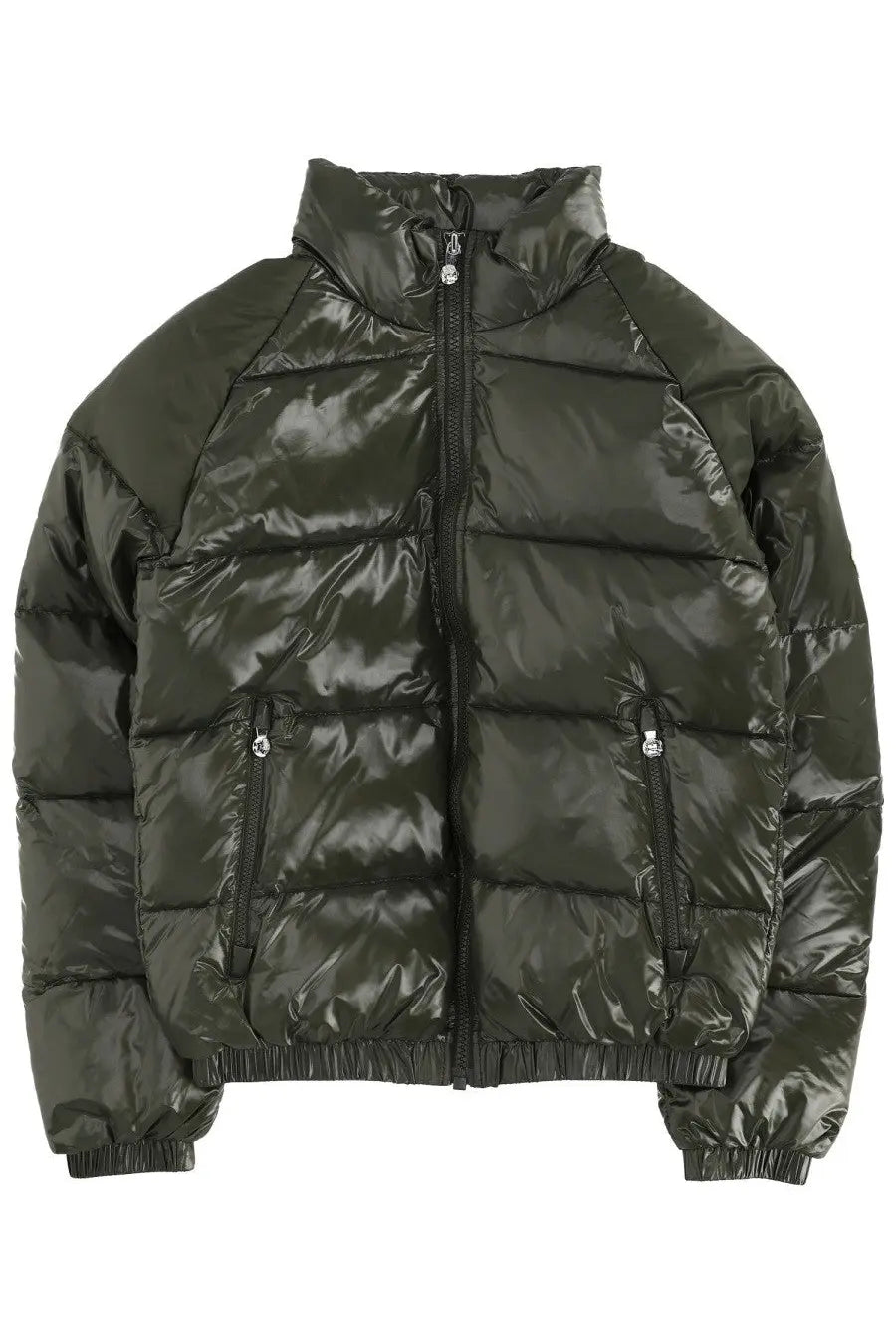 Pyrenex unisex vintage mythic jacket green dark green glossy nylon puffer with quilted panels and silver zippers