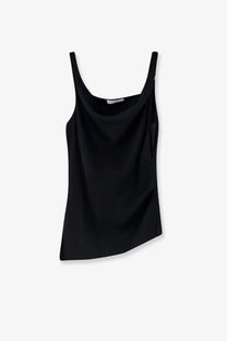 R2w women’s black satin camisole with thin straps and draped neckline made from twisted cotton and modal blend