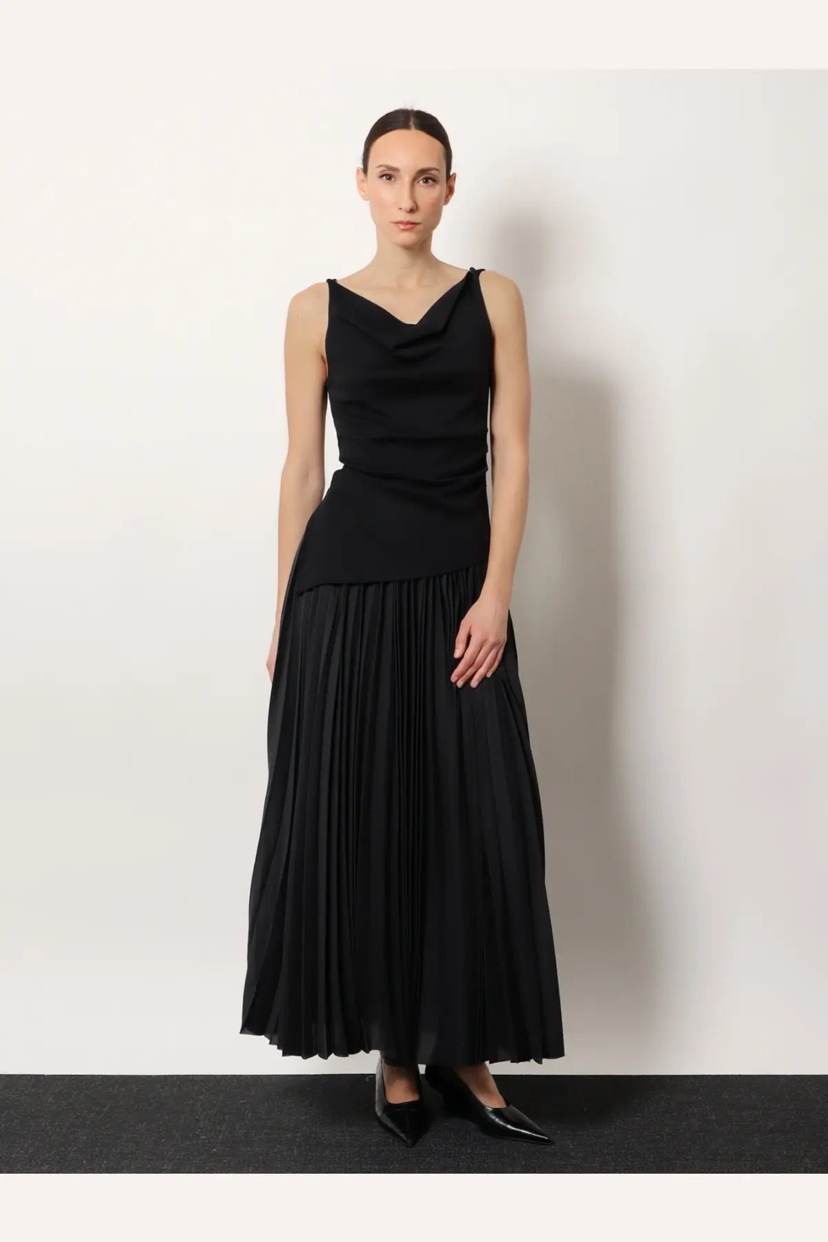 R2w womens air twisted cotton and modal black sleeveless cowl neck top paired with matching pleated maxi skirt