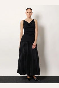R2w womens air twisted cotton and modal black sleeveless cowl neck top paired with matching pleated maxi skirt
