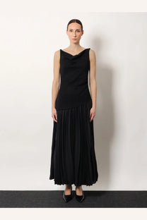 Black sleeveless dress with cowl neckline and pleated skirt made from air twisted cotton and modal by R2W women