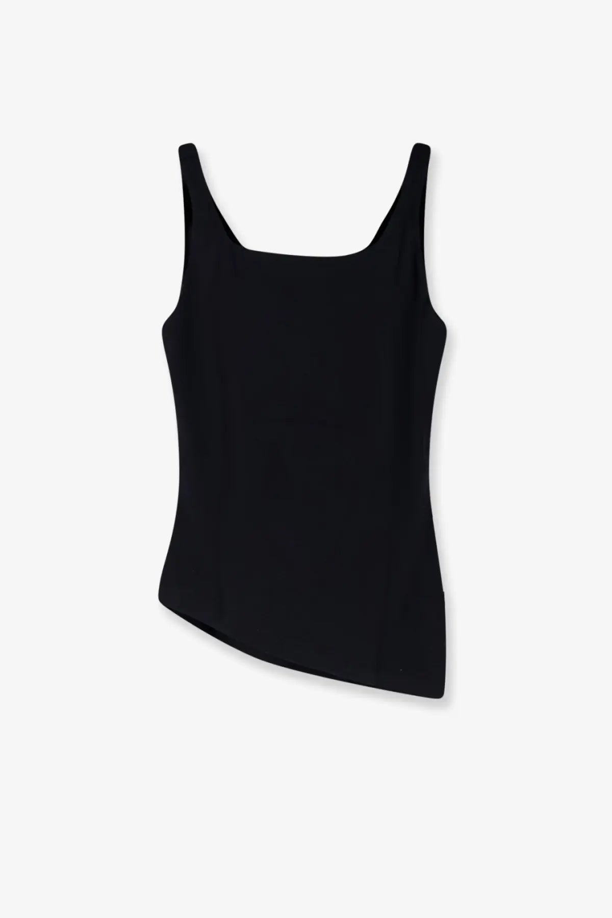R2w women’s air twisted cotton and modal black sleeveless tank top with square neckline and asymmetrical hemline