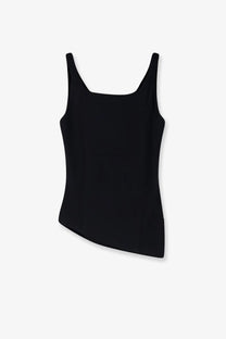R2w women’s air twisted cotton and modal black sleeveless tank top with square neckline and asymmetrical hemline