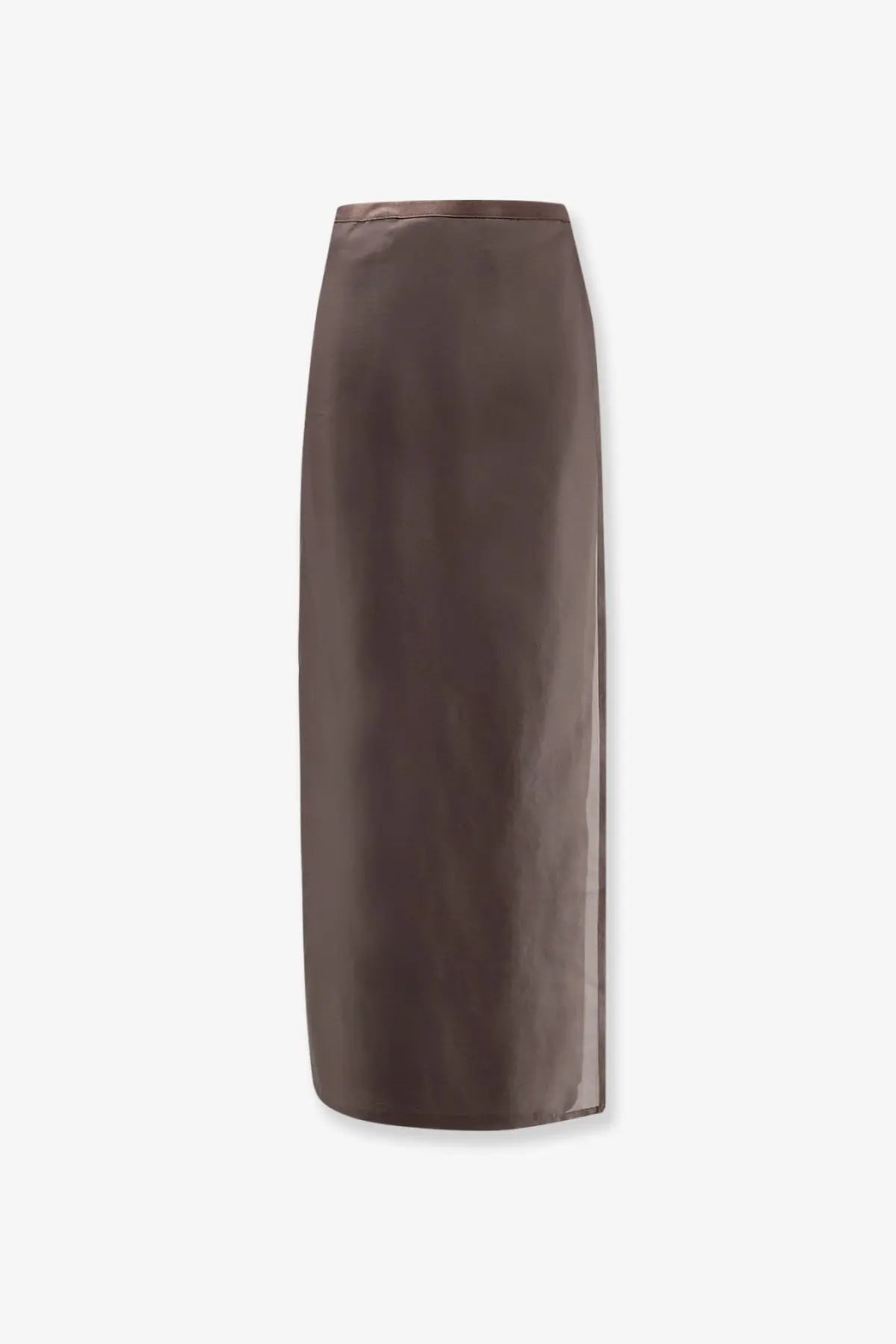 R2w women’s amora linen skirt brown sleek straight-cut satin midi with subtle sheen and side slit