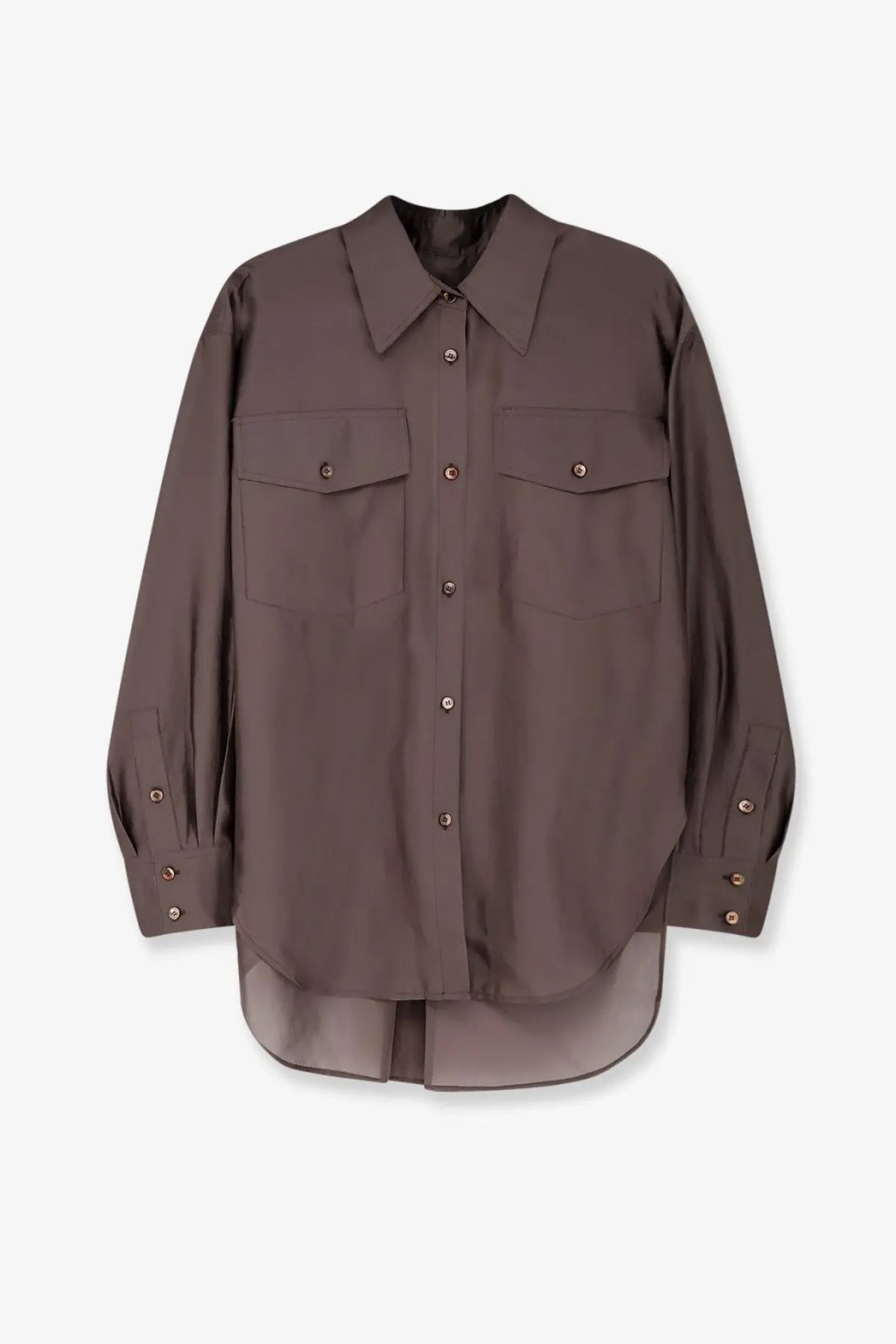 R2W women’s Amora oversized brown button-up shirt with chest pockets and sheer organza hemline