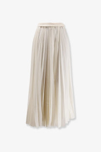 A cream-colored lightweight pleated midi skirt with a smooth waistband from R2W Women’s Aristo collection