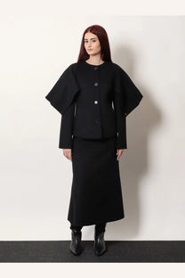 Black cape-style coat with wide structured sleeves and button-front design in wool and cashmere blend