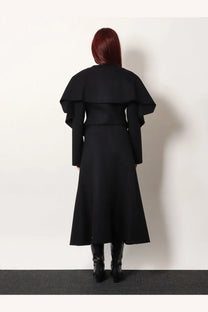 Black r2w coat with ruffled cape sleeves and flared skirt made of wool and cashmere for women