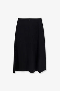 Black minimalist a-line midi skirt in wool and cashmere with smooth tailored fabric and subtle back zipper shown from back