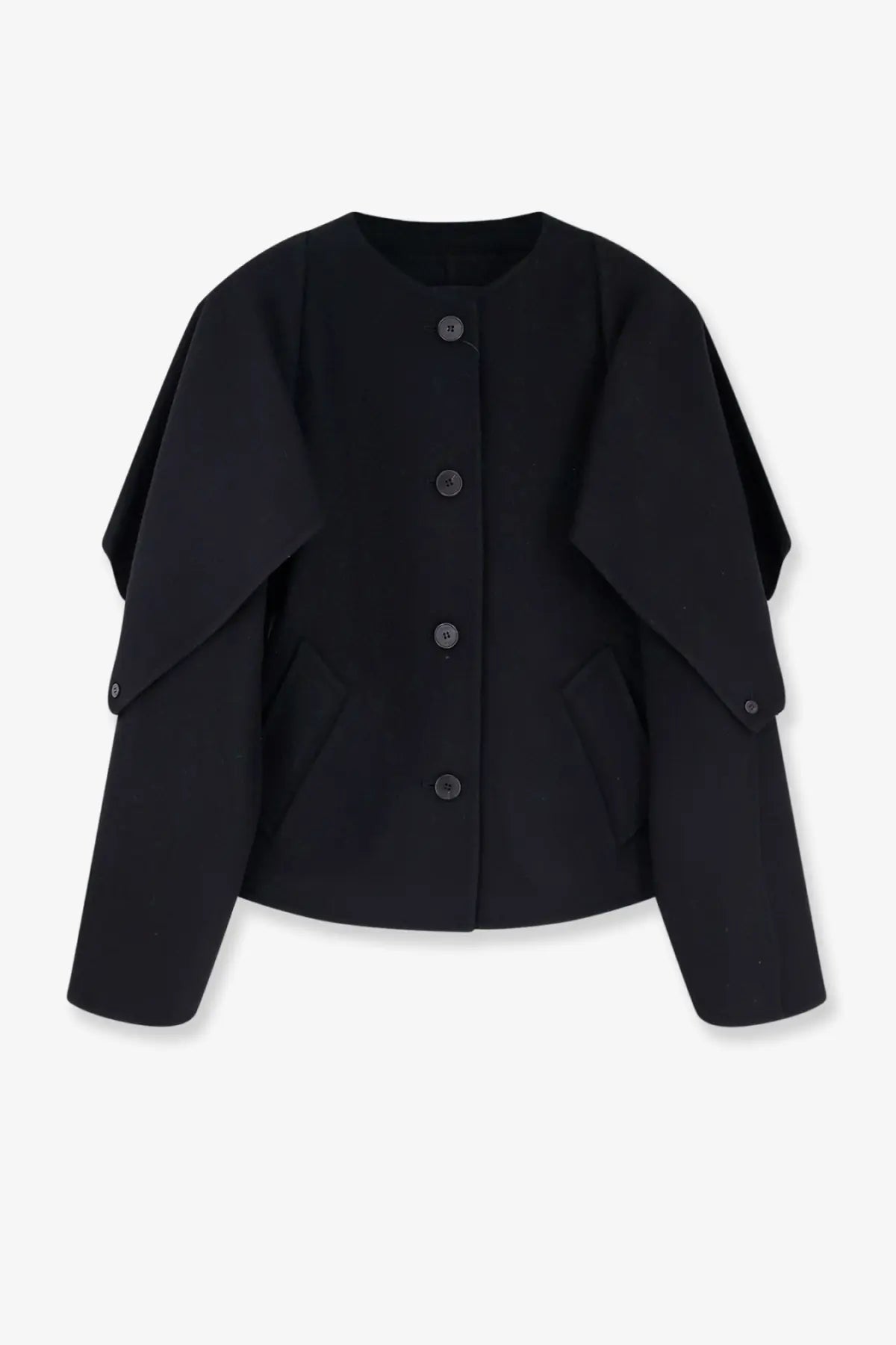 R2W women’s catran wool and cashmere black blazer with dramatic wide shoulder panels and front button closure