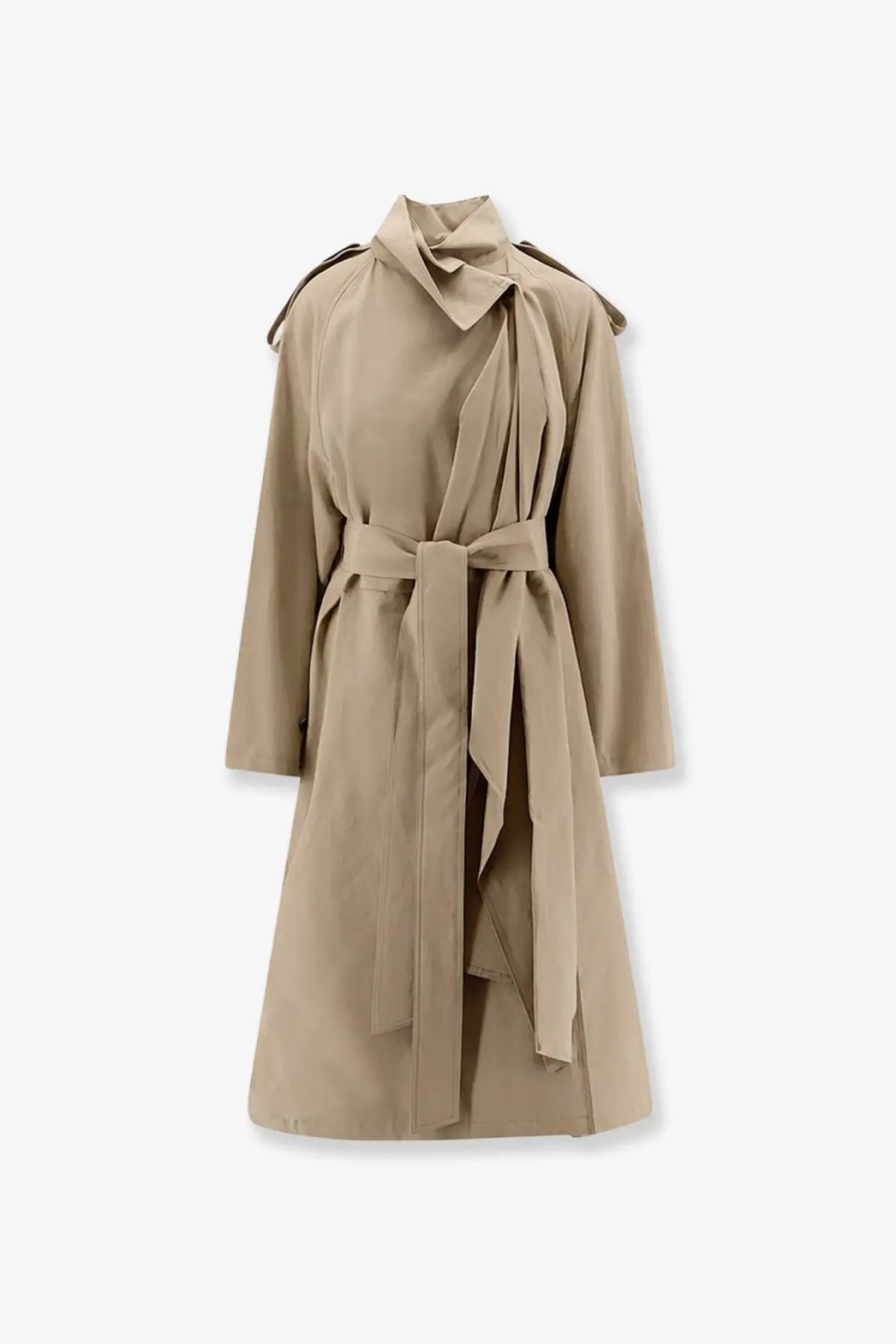 Beige linen and cotton trench coat with belted waist and structured shoulders from r2w women’s lumira line