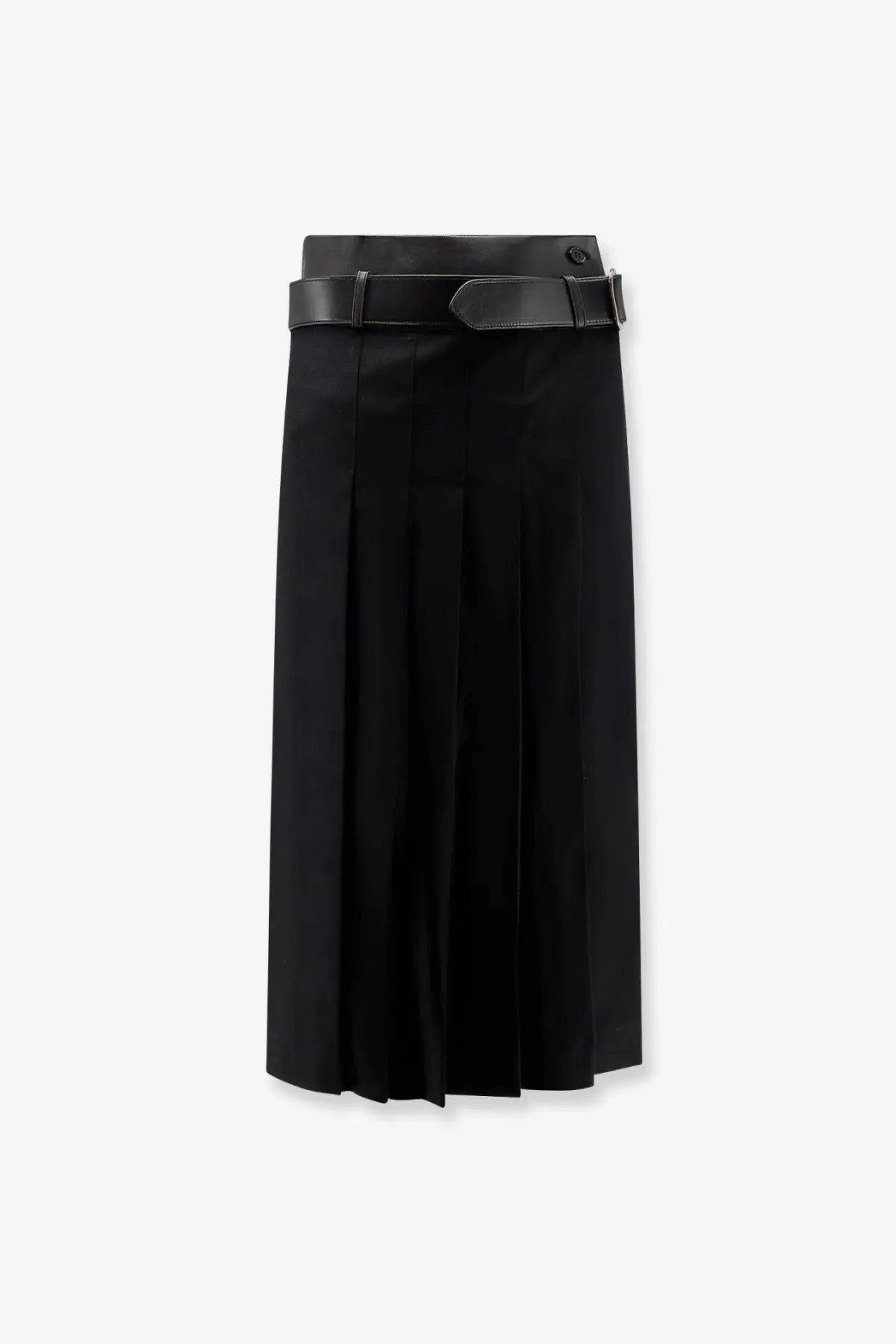 R2W women’s Nayla black wool pleated midi skirt with matching leather belt for stylish casual wear