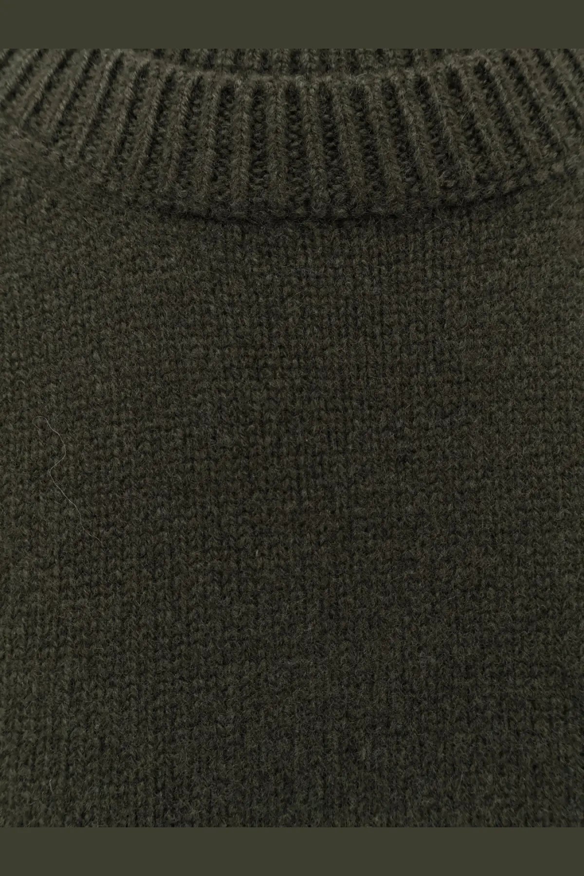 Dark olive green knit sweater with ribbed crew neck and textured wool and cashmere fabric for women by r2w