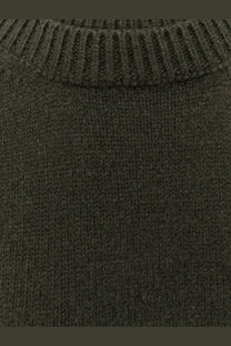 Dark olive green knit sweater with ribbed crew neck and textured wool and cashmere fabric for women by r2w