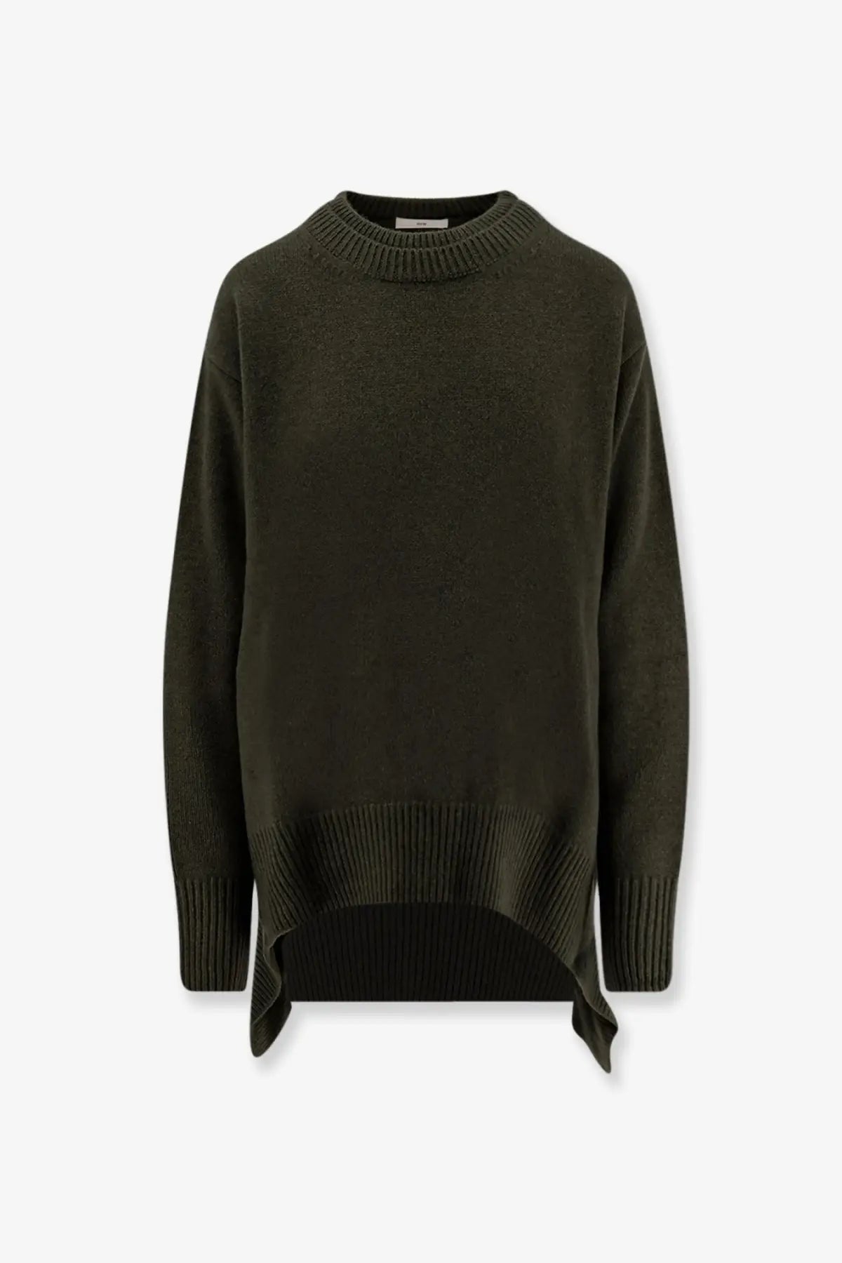 Olive green oversized knit wool and cashmere sweater with ribbed cuffs and asymmetrical hem by R2W women
